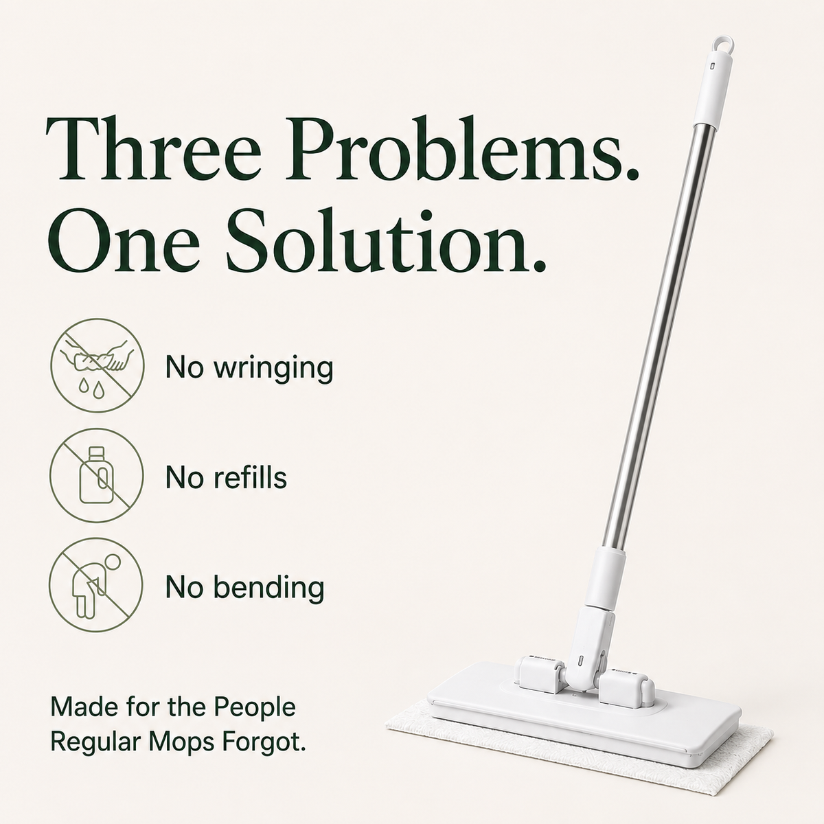 Senior standing fully upright while mopping — long-reach telescoping handle
