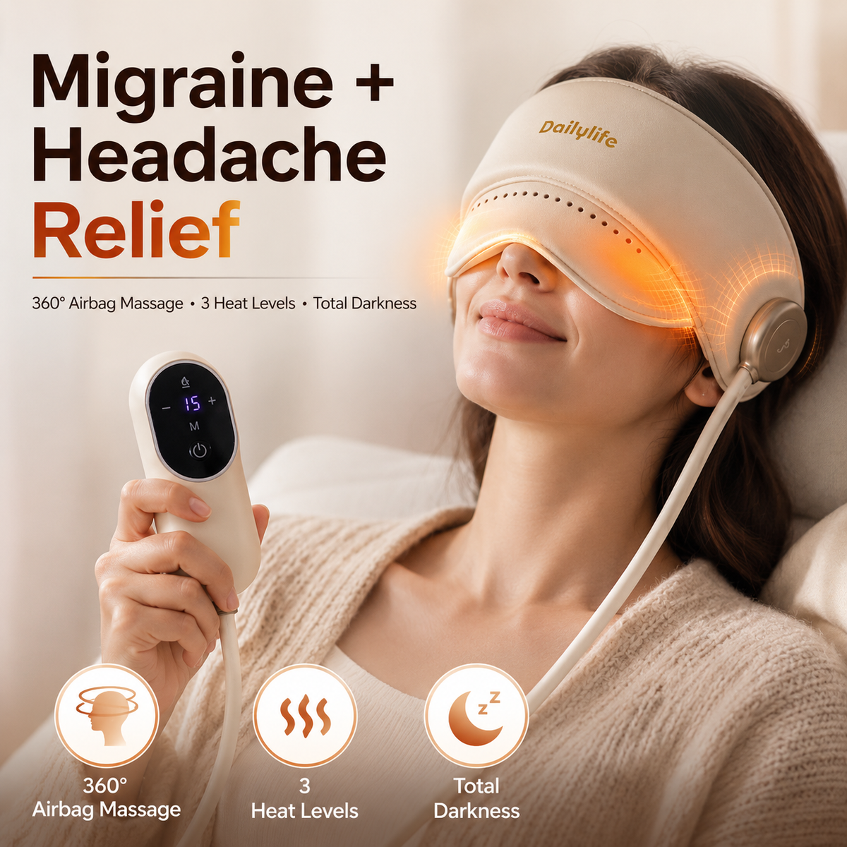 Woman wearing Omnx MigraHush — eye mask mode, the moment of relief