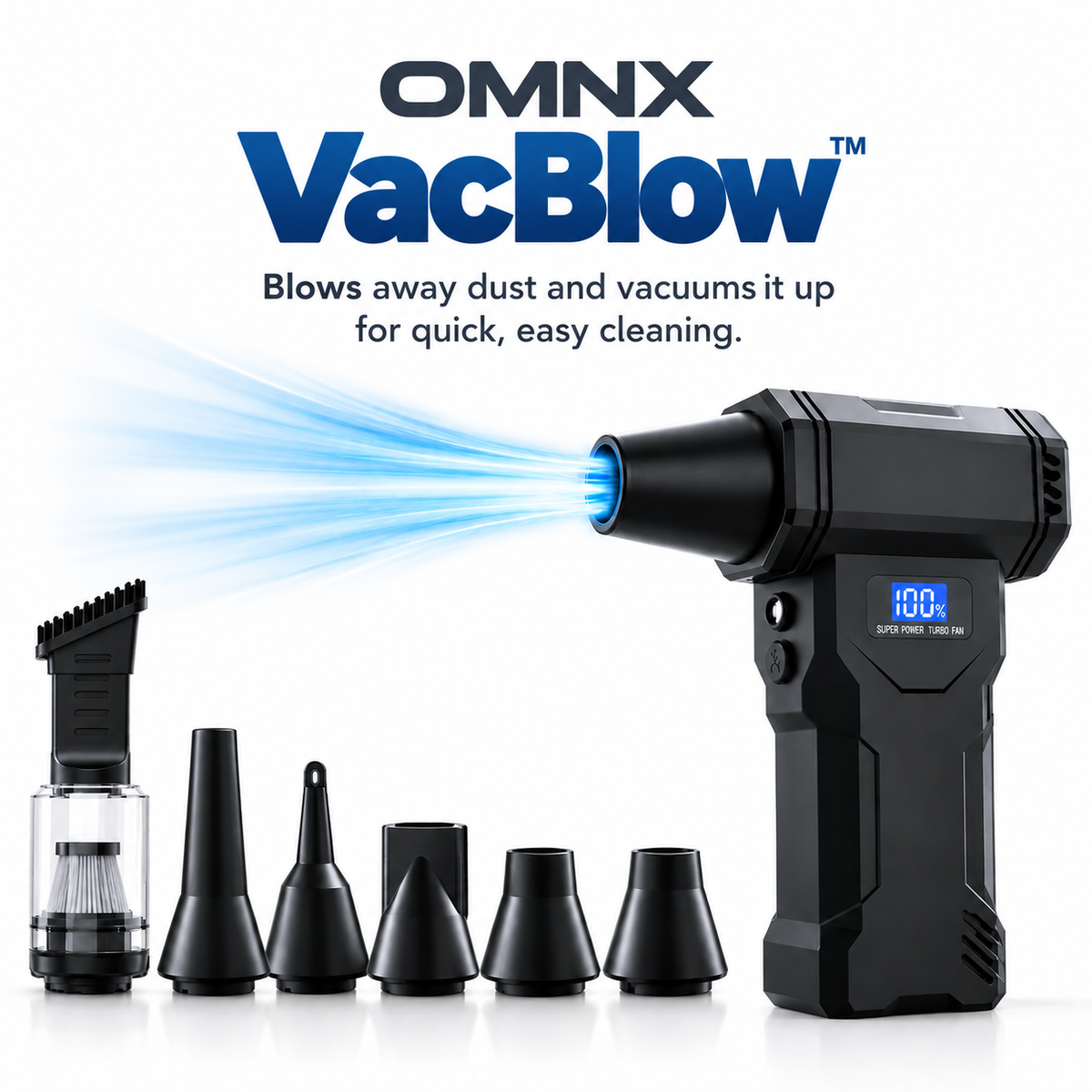 OMNX VacBlow, the handheld with its brush and nozzle tips