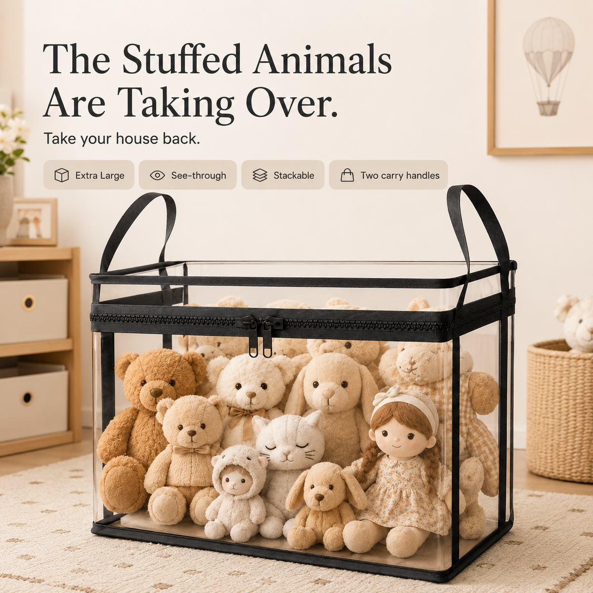 ClearCube XL filled with stuffed animals