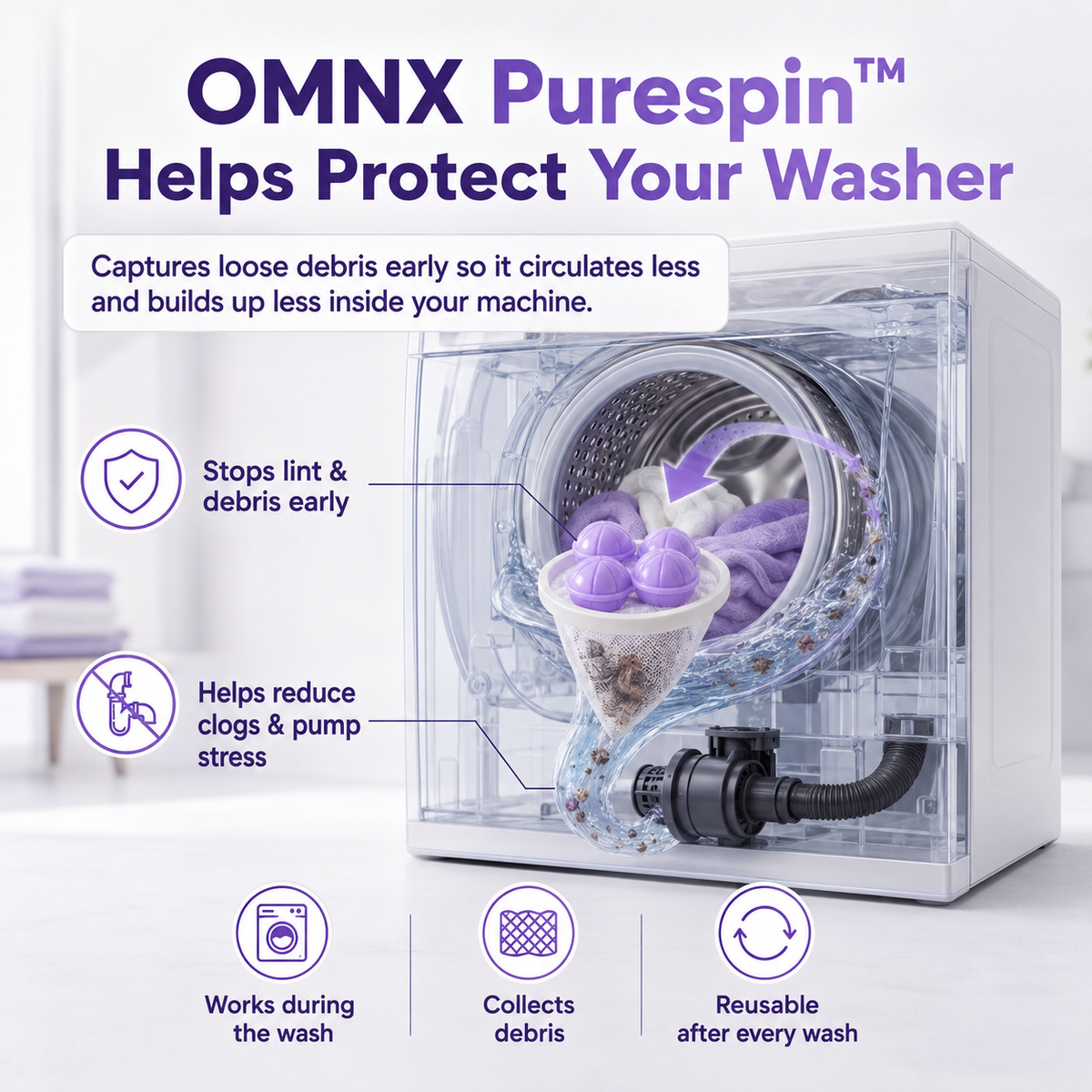 Protects the washer pump from clog repairs