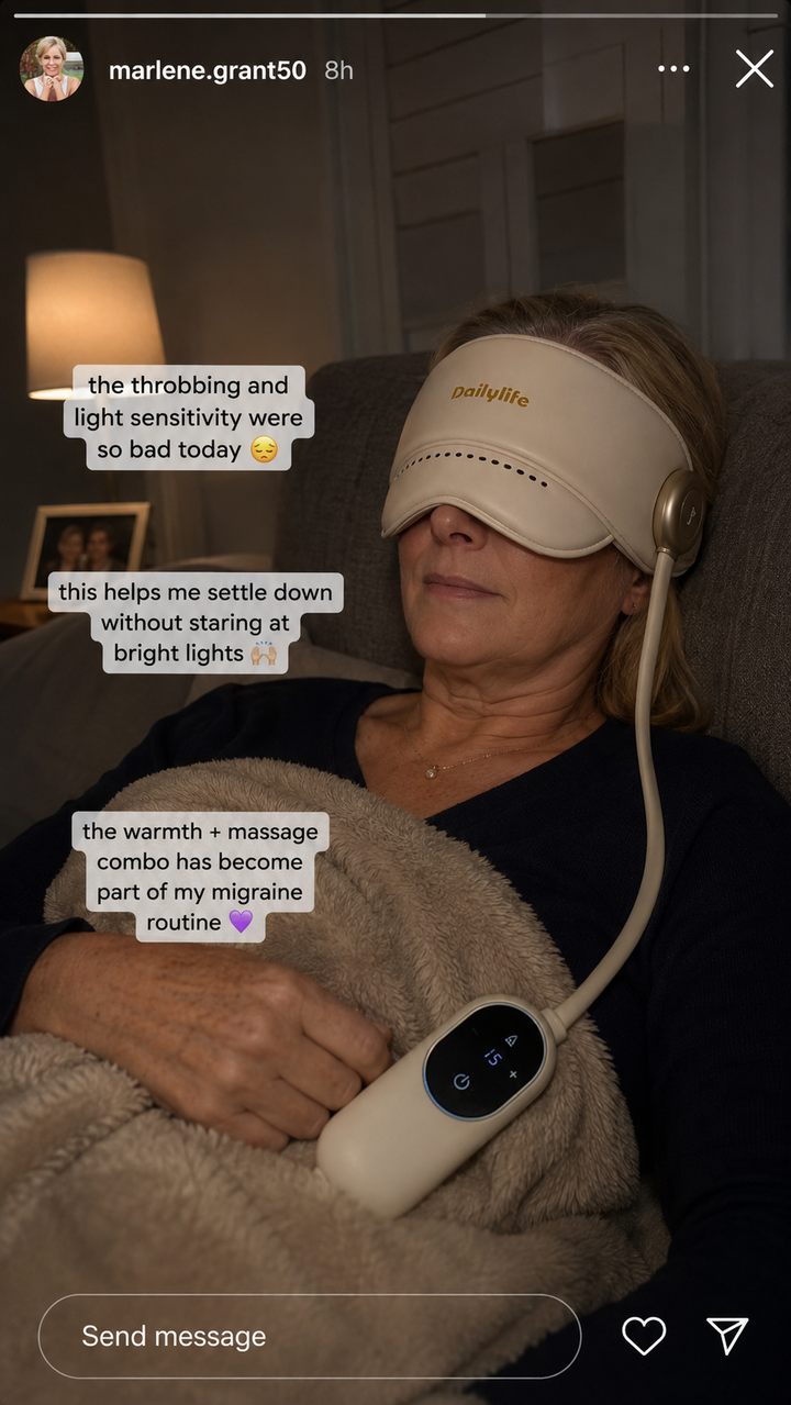Office worker using mask at desk during a tension-headache break