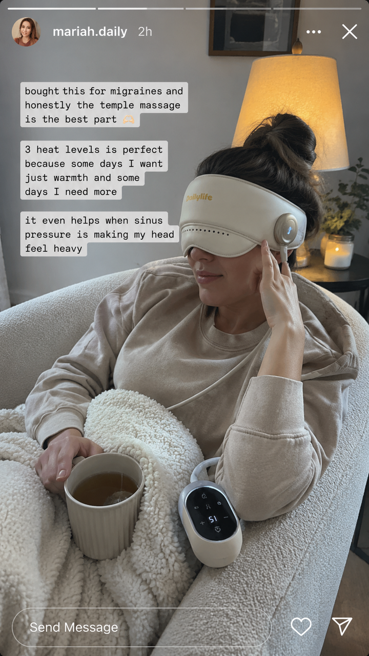 Tall: woman sliding the mask on as the migraine starts