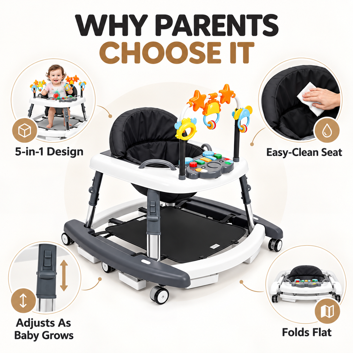 Push-walker mode — baby standing, walking configuration