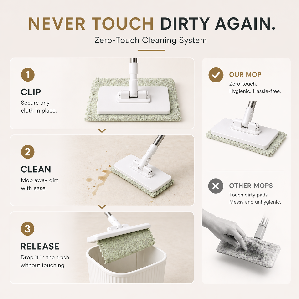 Mop That Clips to Any Towel - Never Touch a Dirty Cloth Again