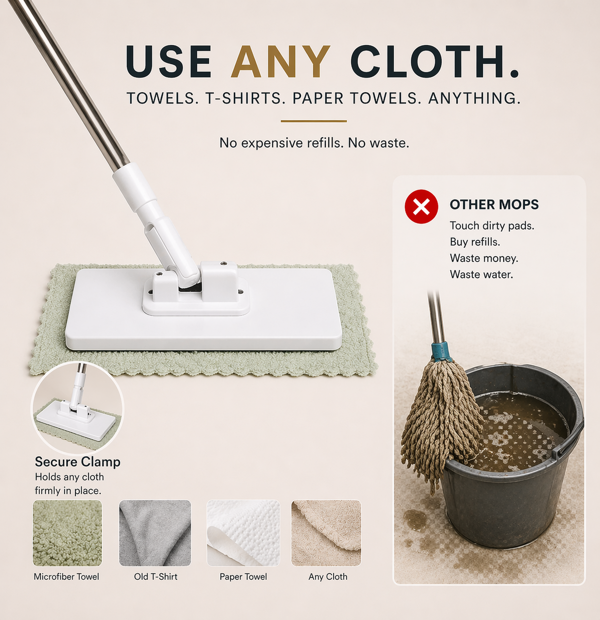 Mop That Clips to Any Towel - Never Touch a Dirty Cloth Again