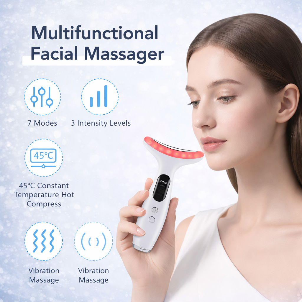 7 in 1 Colors LED Light Therapy Face & Neck Massager – 3 Gears Adjustable Gentle Vibration, Anti-Wrinkle Skin Tightening Lifting
