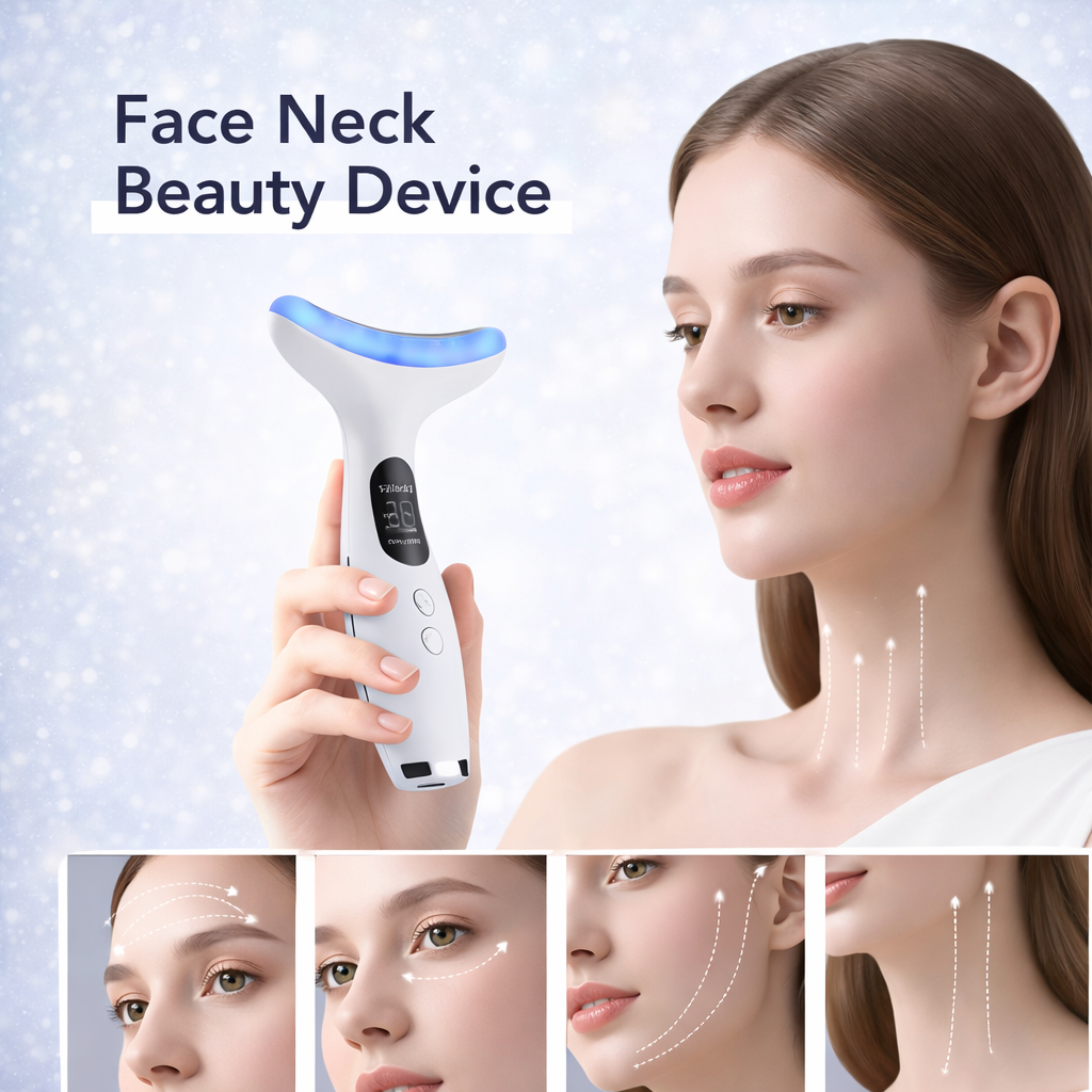 7 in 1 Colors LED Light Therapy Face & Neck Massager – 3 Gears Adjustable Gentle Vibration, Anti-Wrinkle Skin Tightening Lifting