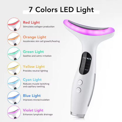 7 in 1 Colors LED Light Therapy Face & Neck Massager – 3 Gears Adjustable Gentle Vibration, Anti-Wrinkle Skin Tightening Lifting