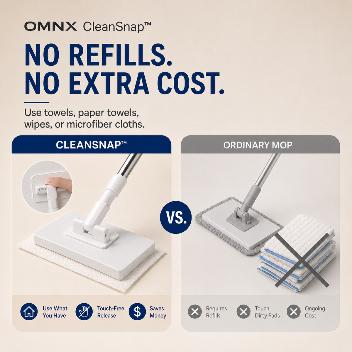 The solution — pressing CleanSnap onto a kitchen towel to snap it in