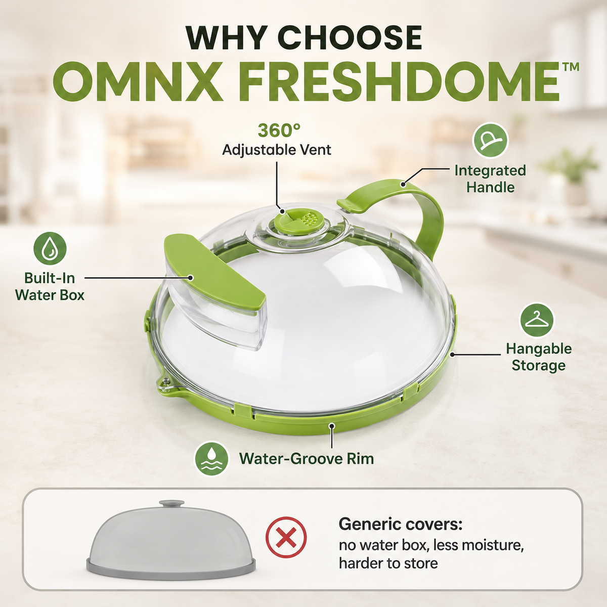 The solution — FreshDome over a plate, steam visible through clear dome