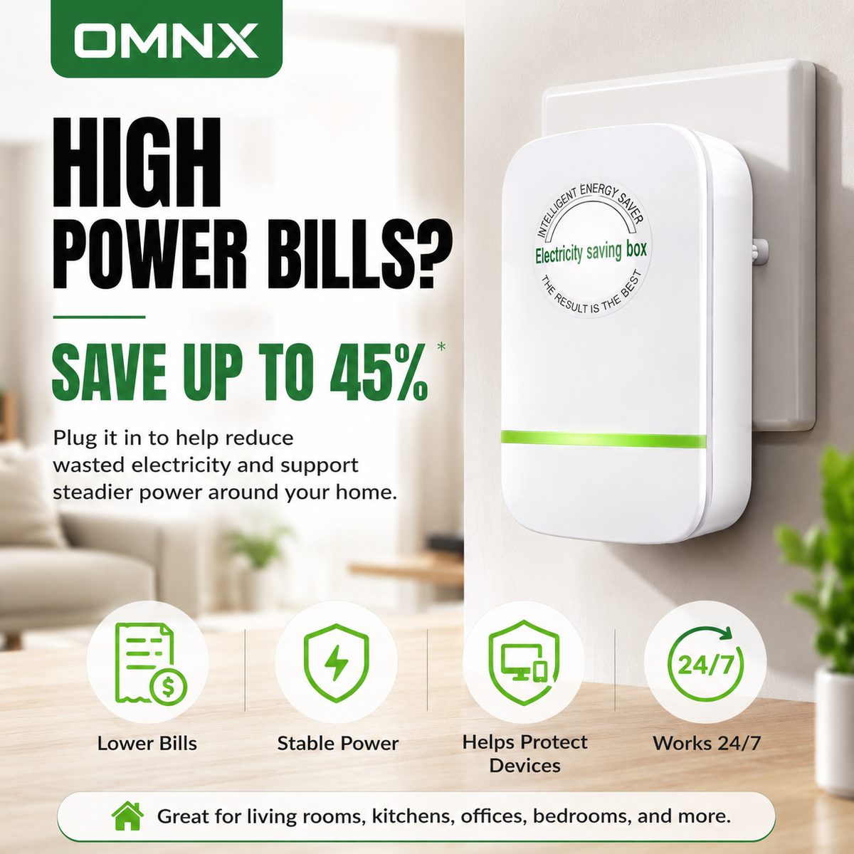 KiloSave plugged into outlet, green LED visible