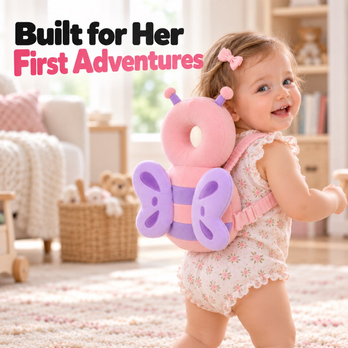 Baby wearing the pink turtle, seen from behind
