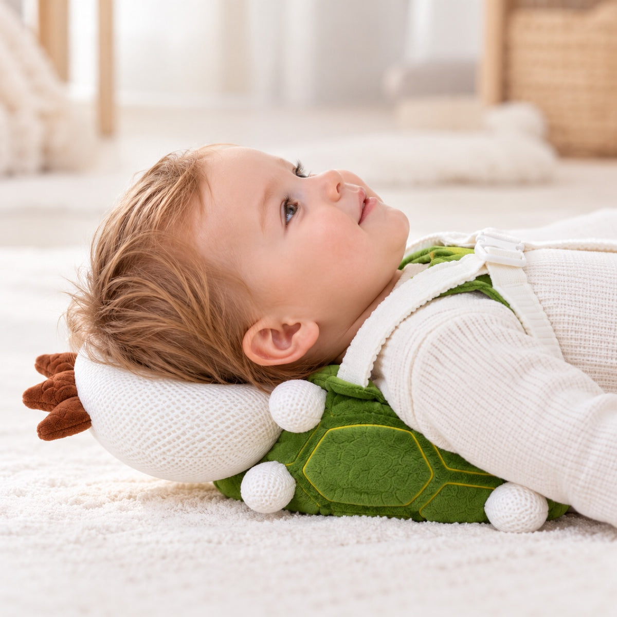 Side view: the cushion sits behind the head