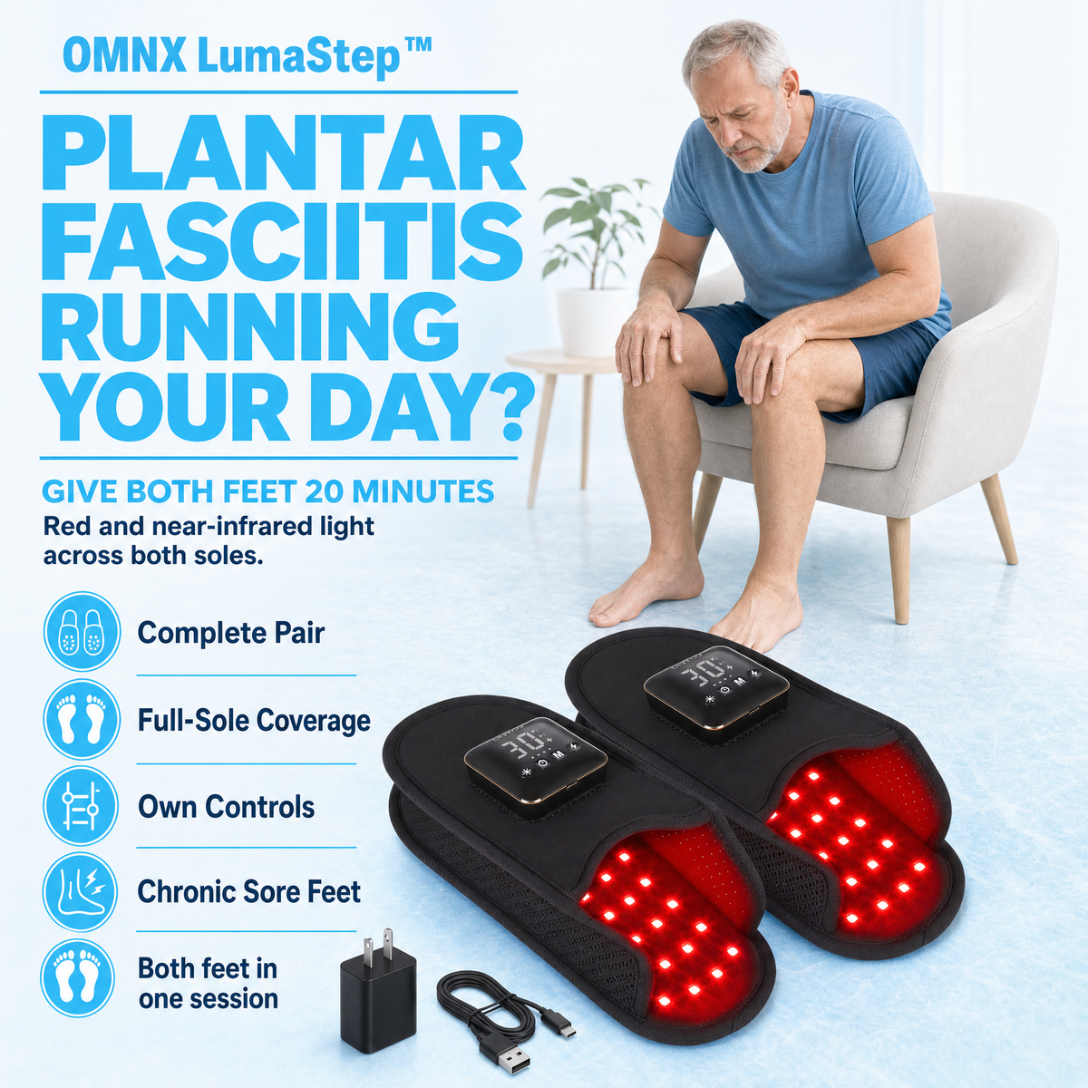 Omnx LumaStep red light therapy slippers, both glowing