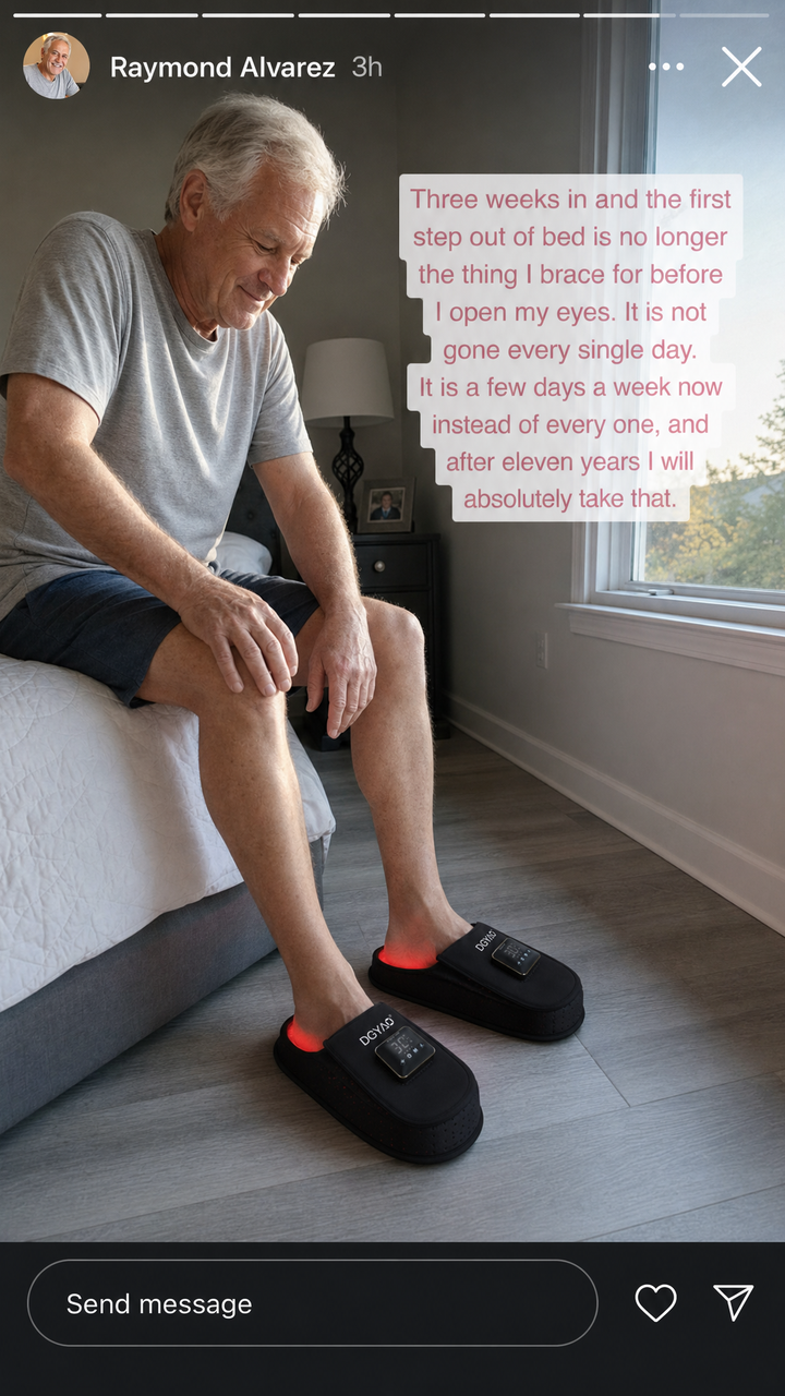 Sitting on the edge of the bed, feet sliding into the glowing slippers