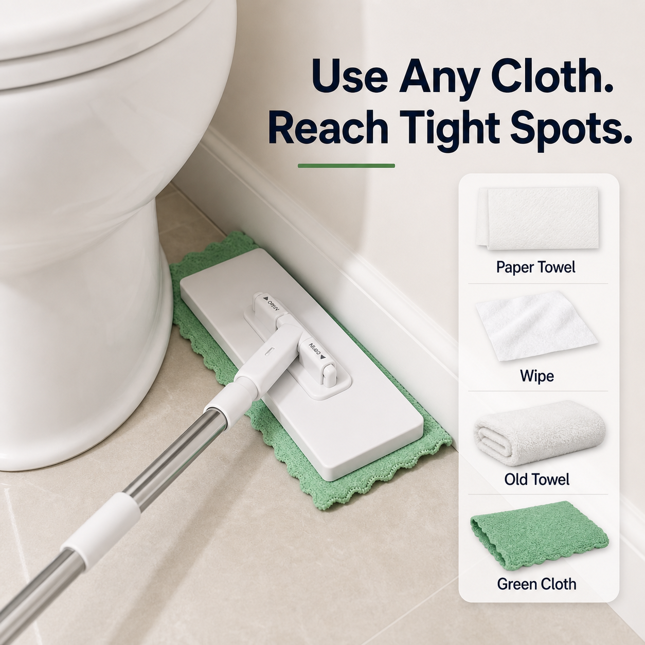 OMNX Mop reaching tight spaces with a cloth attached