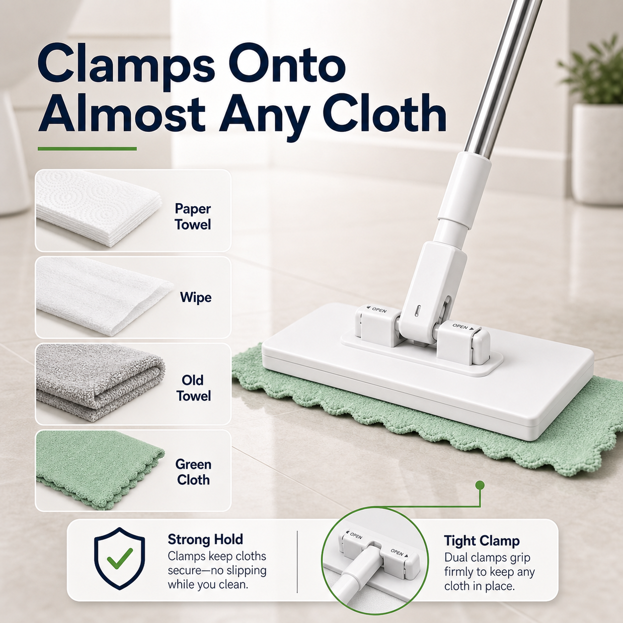 OMNX Mop clamp holding different cloth materials securely